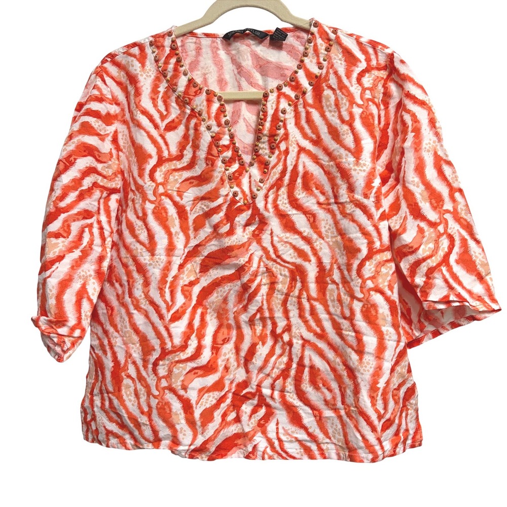 Sherry Taylor Beaded V-Neck Zebra Print Orange Blouse 3/4 Sleeve Ramie Blend XL